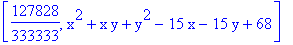 [127828/333333, x^2+x*y+y^2-15*x-15*y+68]